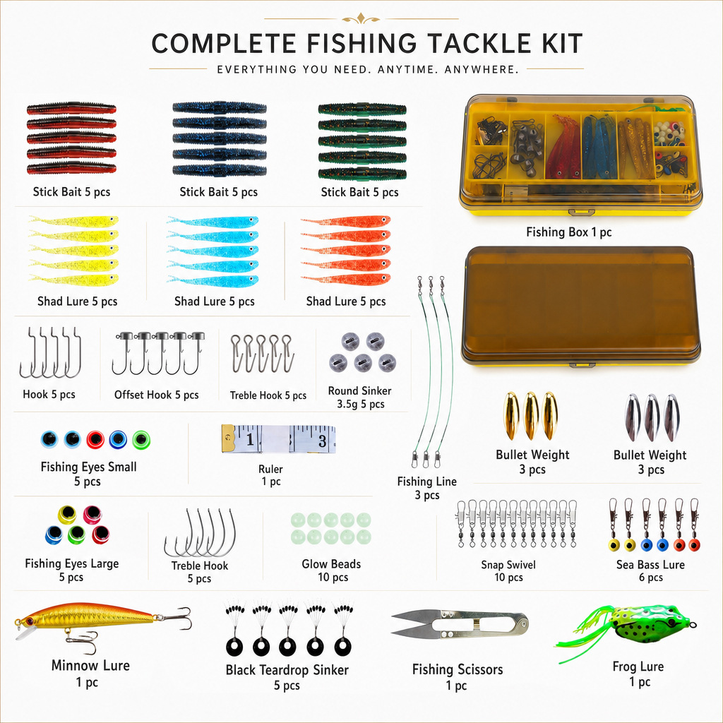 Fishing Lure Box - 105-częściowy zestaw akcesoriów dla początkujących wędkarzy,